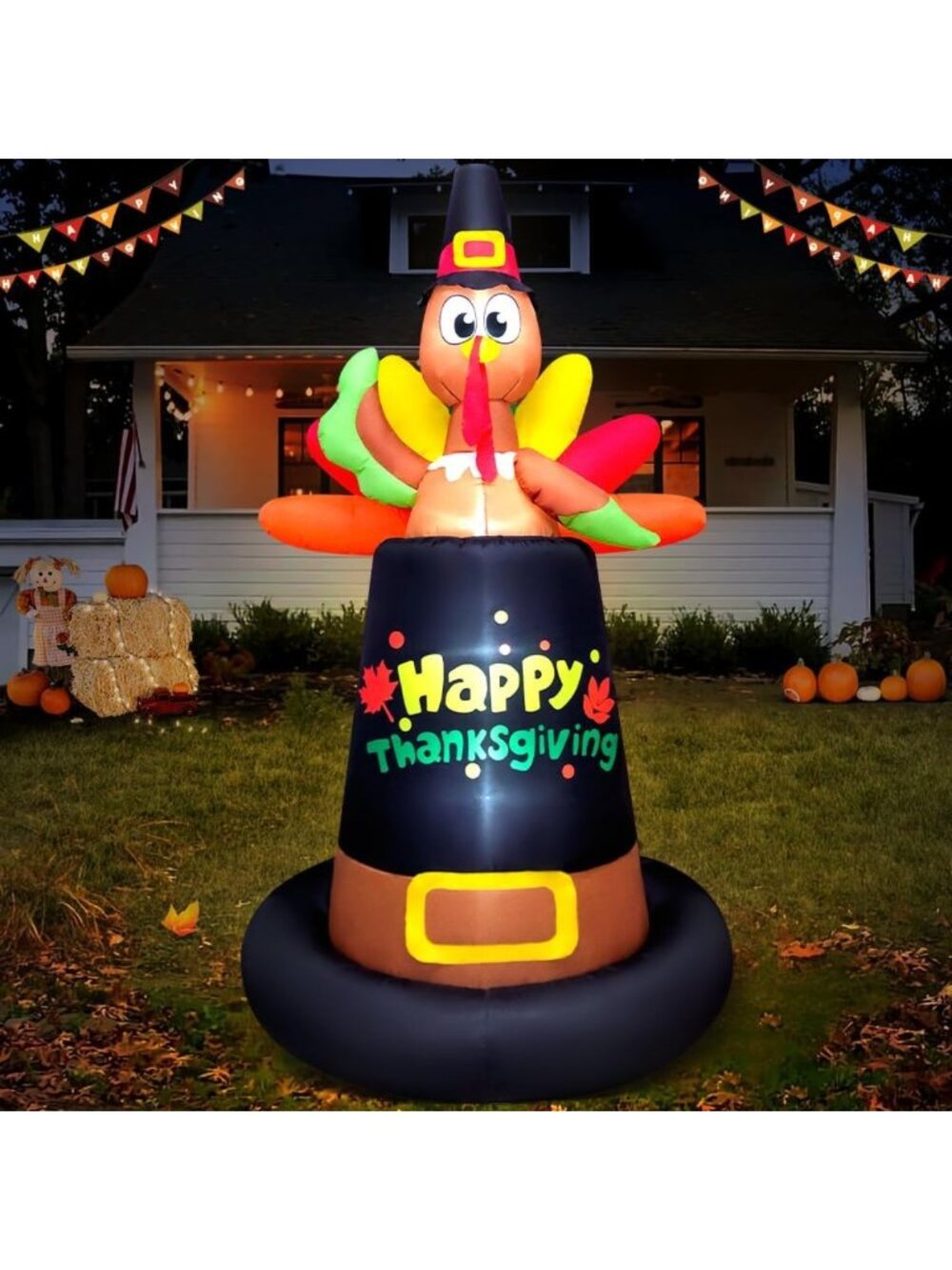 8FT Inflatable Turkey on Pilgrim Hat - LED Lights Outdoor Fall Decoration for